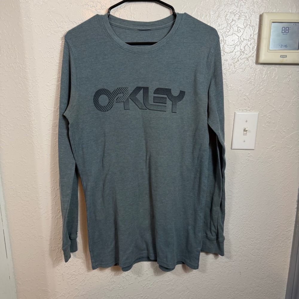 Oakley Mens Waffle Knit Thermal Long Sleeve Shirt Blue Gray Logo Graphic Top